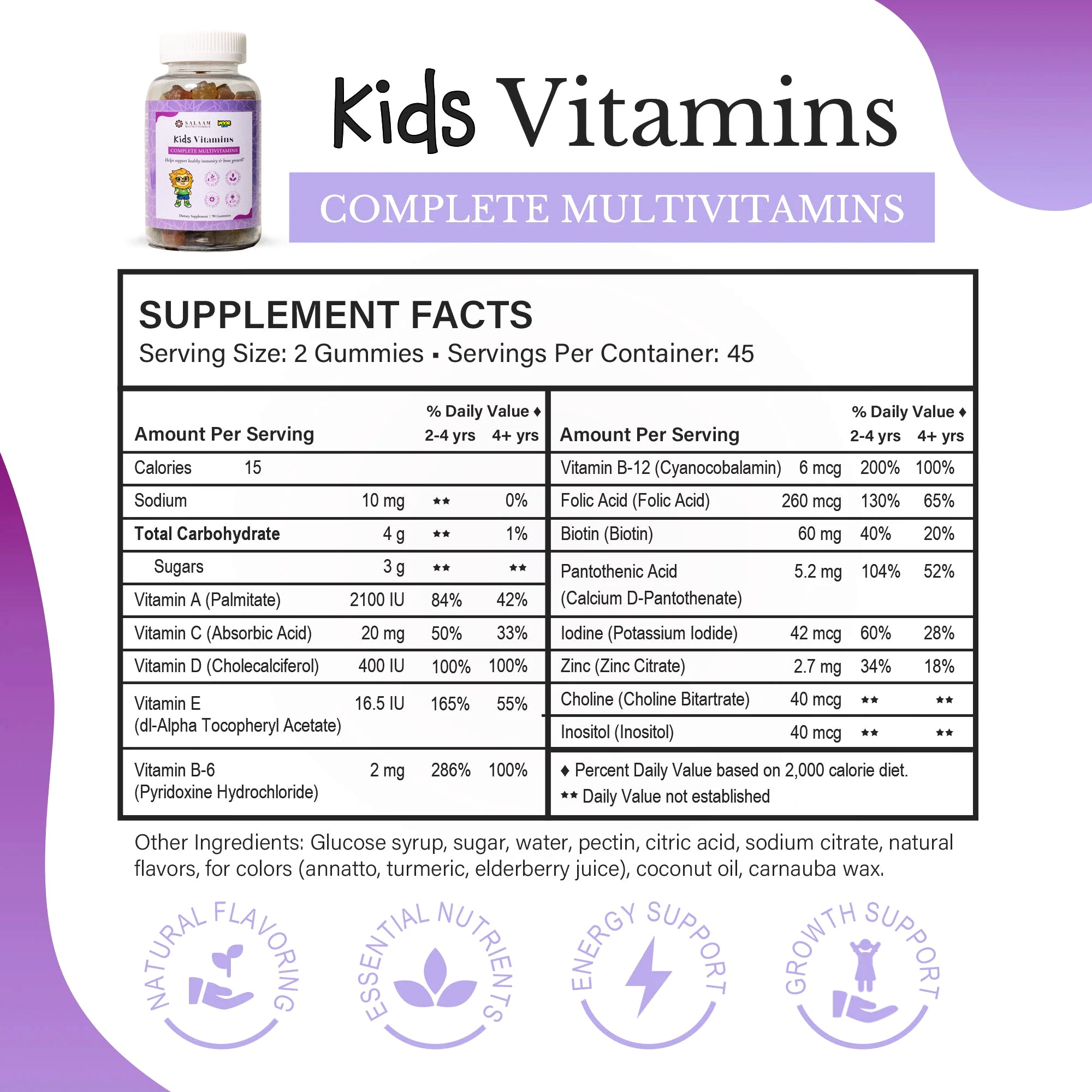 Noor Kids Halal Gummy Multivitamins with Vitamins A, C, E & Zinc - 90 Count | Salaam Nutritionals