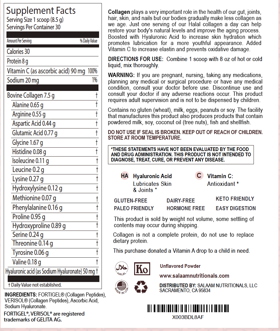 Pure Halal Collagen Hydrolyzed Peptides Type 1 & 3 Powder - With Vitamin C & Hyaluronic Acid - Salaam Nutritionals