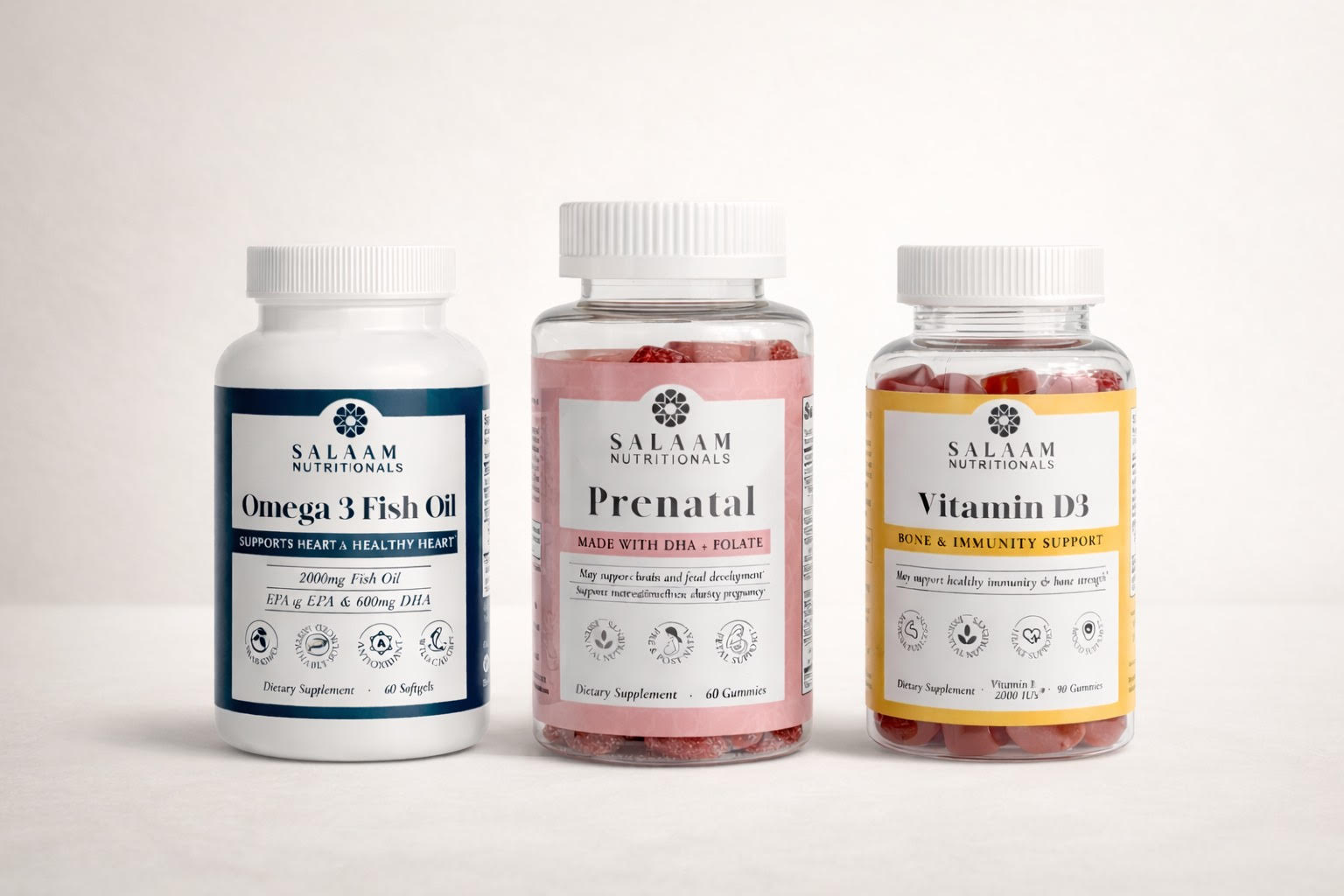 NEW, Halal Prenatal Bundle: Vitamin D3, Omega 3 Fish Oil & Prenatal Gummies (3 Bottles)