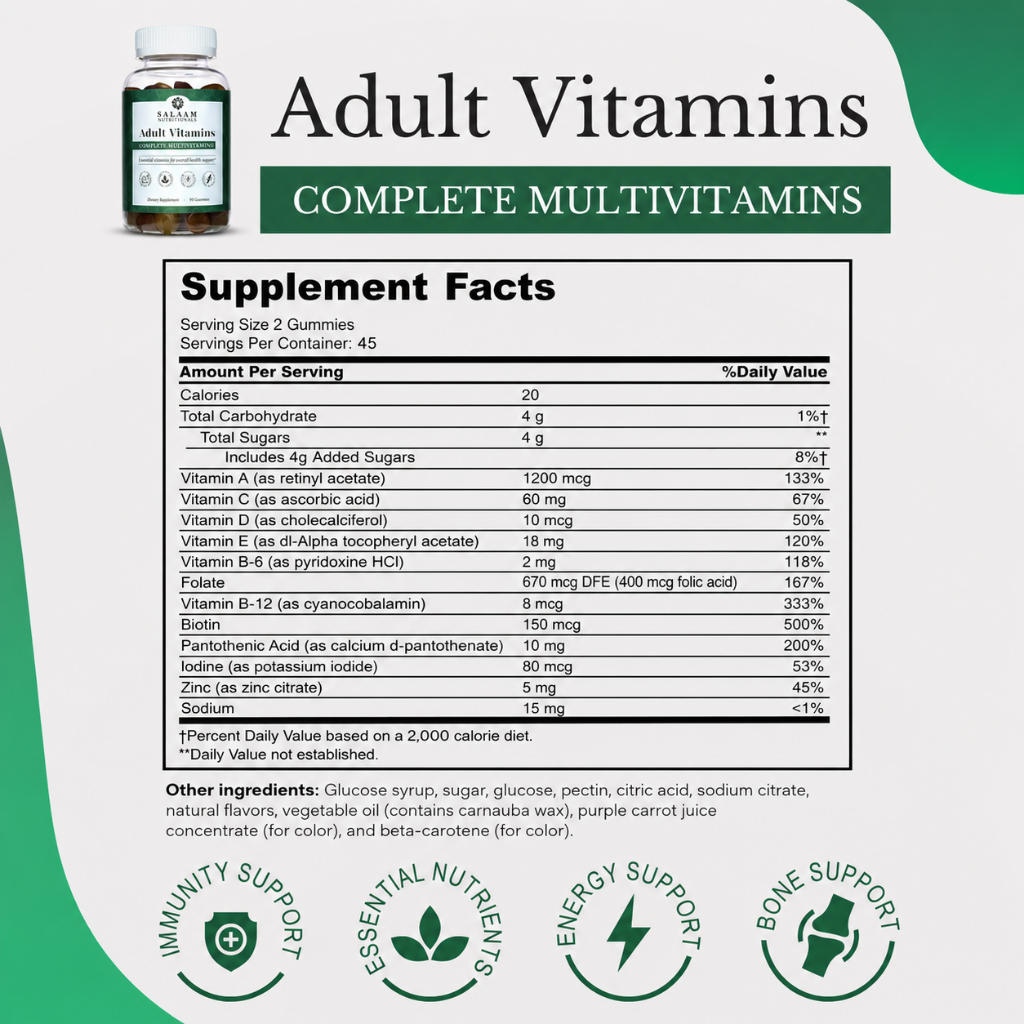 Halal Adult Multivitamin Gummies - Complete Nutrition with Essential Vitamins - 90 Count