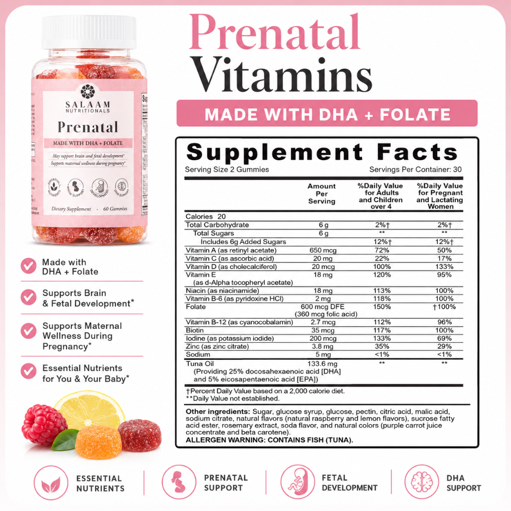 (NEW) Halal Essential Prenatal Vitamins - Gummy Multivitamins with Folate & DHA - 60 Count