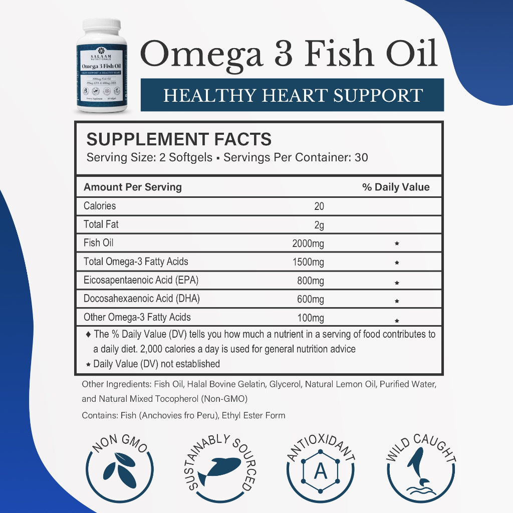 Halal Fish Oil 2000mg Omega-3 Soft Gels with EPA & DHA - 60 Count - Salaam Nutritionals