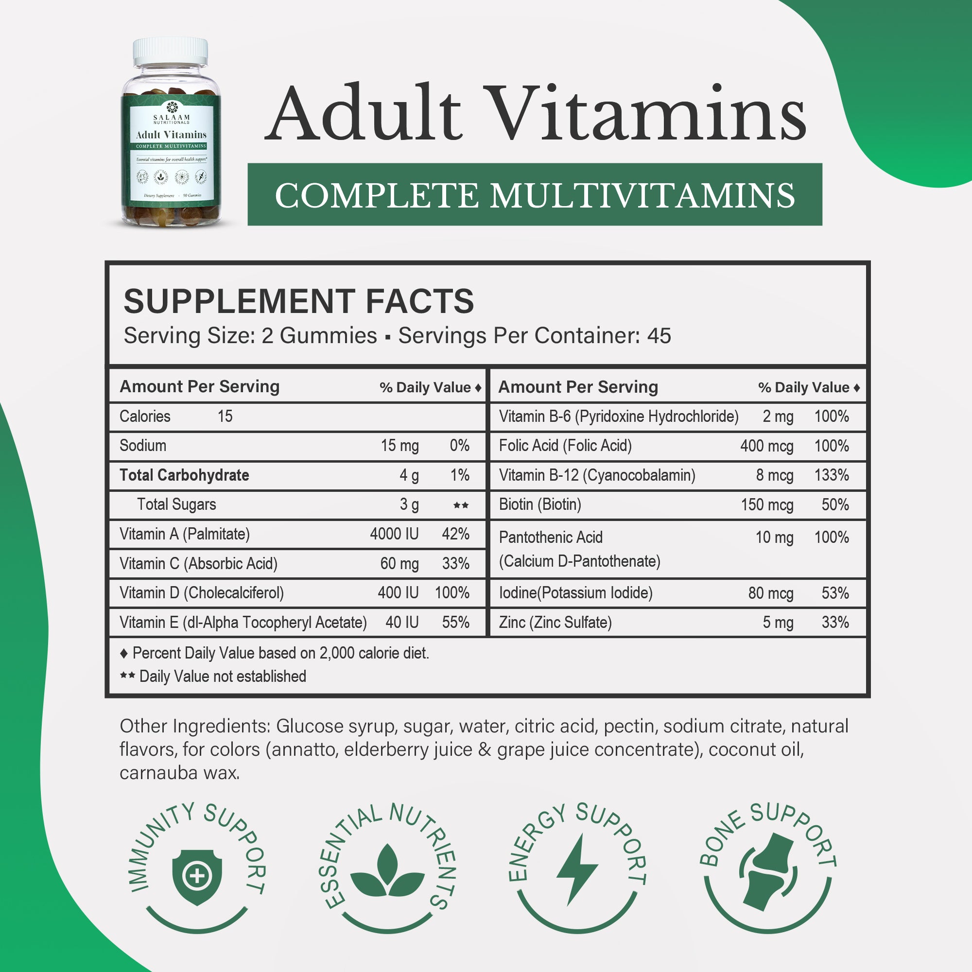 Halal Adult Multivitamin Gummies - Complete Nutrition with Essential Vitamins - 90 Count - Salaam Nutritionals